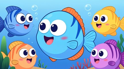 Obraz premium Vibrant Cartoon Fish Illustration Adorable Striped Fish Swimming Happily Together in a Playful Underwater Scene with Bubbles