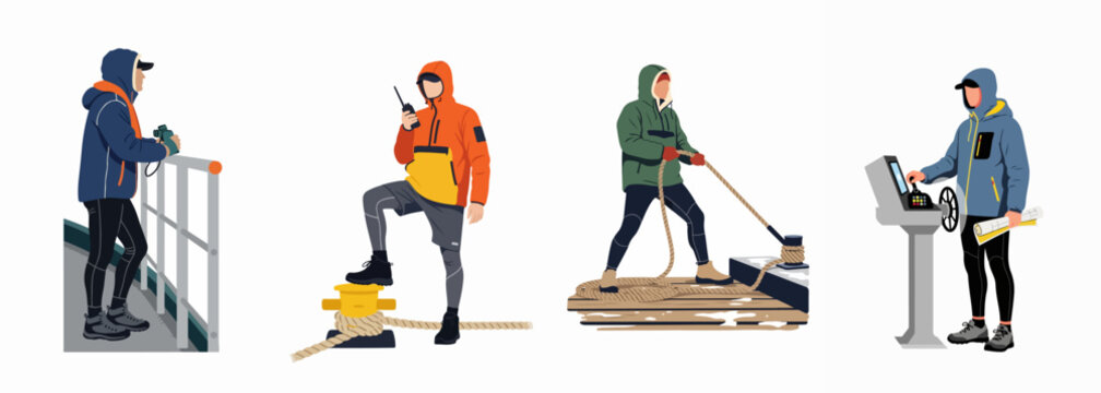 Vector illustration set of maritime workers performing various tasks like docking, navigating, and communicating on a ship or harbor.