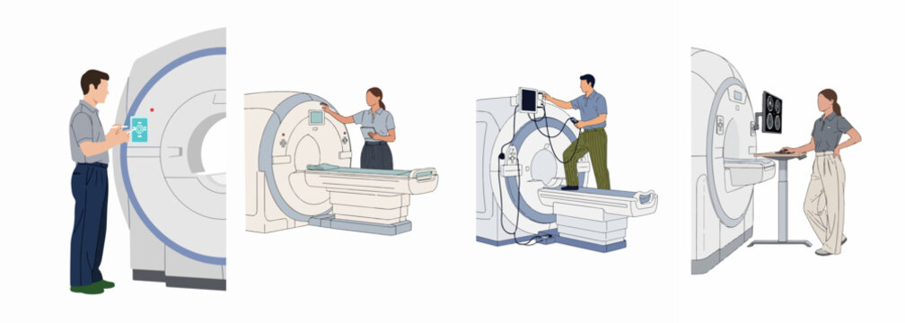 Set of flat illustrations featuring healthcare professionals and technicians operating magnetic resonance imaging (MRI) scanners and medical diagnostic equipment in hospital settings.