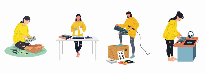 Flat vector illustration set of a young woman building, unboxing, and testing custom mechanical keyboards and gaming peripherals in various scenes. © Payandu