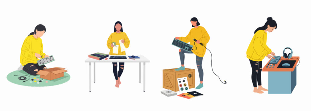 Flat vector illustration set of a young woman building, unboxing, and testing custom mechanical keyboards and gaming peripherals in various scenes.