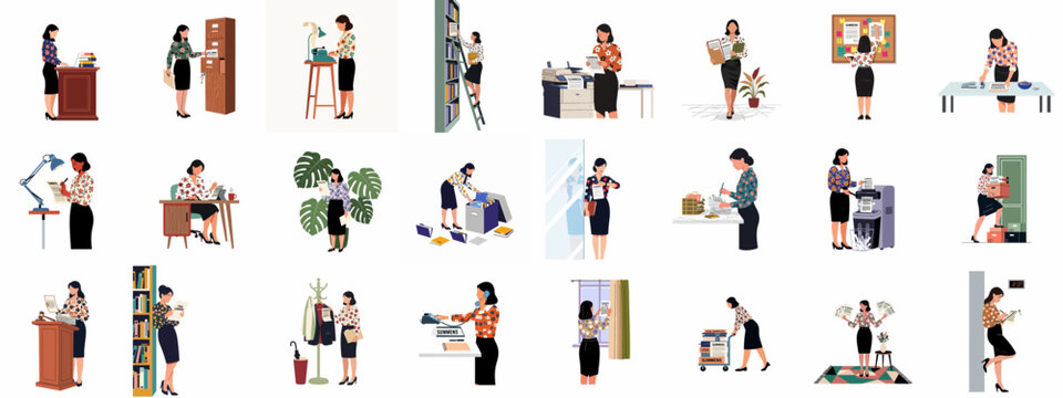 Set of Illustrations of a Legal Assistant or Office Secretary Performing Various Clerical Tasks, Organizing Files, and Handling Legal Documents.