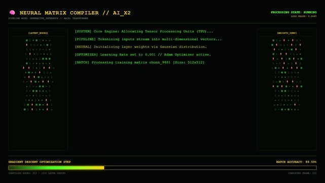 Artificial Intelligence Neural Network Matrix Terminal Hacker Screen Interface.