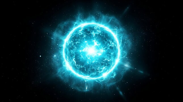 Radiant glowing blue sphere of intense plasma energy swirling within a dark void creating a powerful cosmic explosion with bright light particles and ethereal nebular textures