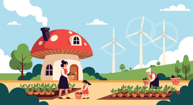 Sustainability illustration shows a mushroom house with a vegetable garden and wind turbines for clean renewable energy.