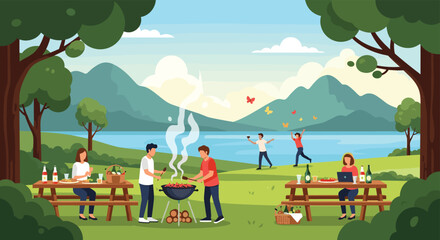 Fototapeta premium Group of friends enjoys a fun outdoor barbecue and picnic by a scenic lake with majestic mountains in the background.