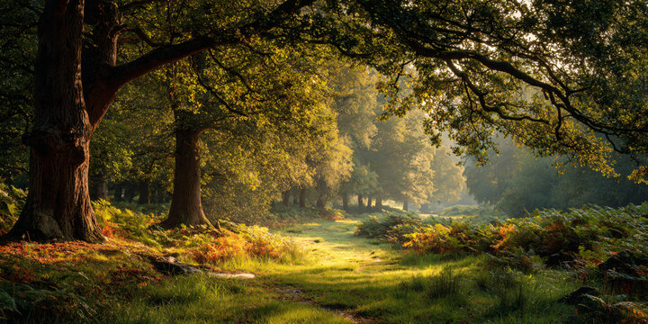 Peaceful Forest Clearing with Soft Golden Sunlight Through Trees