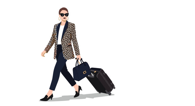 Fashionable woman in a trendy leopard print jacket walks with a suitcase and handbag while traveling in style for business.