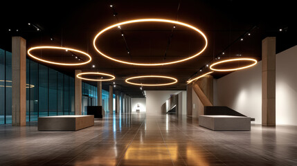 Naklejka premium Light installation modern interior art gallery ceiling light ring light minimalist architecture exhibition hall with circular glow