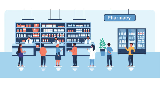 People wait in a polite line at a modern pharmacy to receive service and professional medication from staff members.