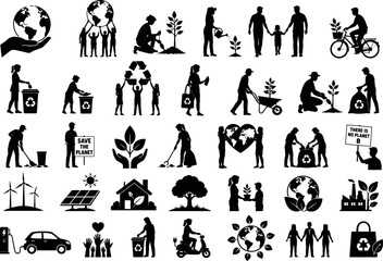 Obraz premium Sustainability and Environmental Protection Silhouettes Featuring Recycling, Renewable Energy, Tree Planting, Eco Living, Climate Action and Green Earth Vector Collection