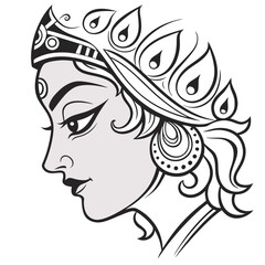 Vector illustration of a woman's face with leaf crown, Indian-inspired design, black and white, elegant profile portrait © Bipul Roy
