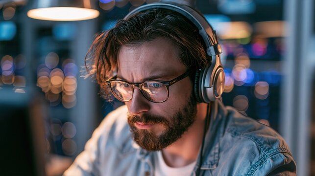 Bearded man with glasses and headphones intently focuses on a task in a dimly lit, modern office setting.