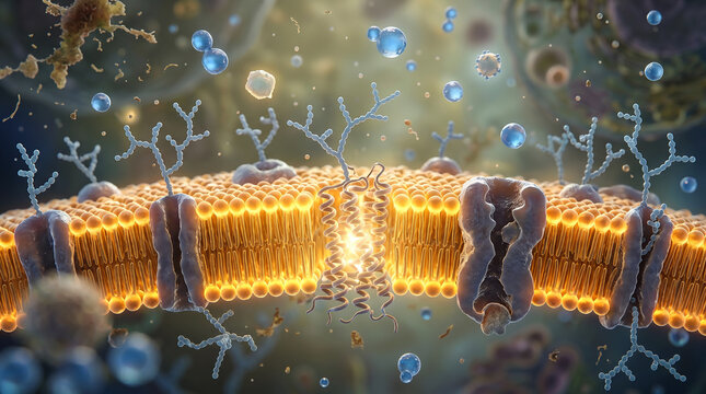 Close-up of a cell membrane with molecular structures and proteins in a biological environment