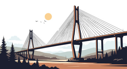 Obraz premium Elegant modern cable-stayed suspension bridge crossing a wide river at sunset with evergreen trees and rolling hills in the background.
