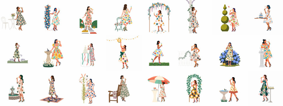 Collection of diverse women in floral dresses celebrating at garden parties, weddings, and summer events, featuring drinks and outdoor scenery in flat illustration style.