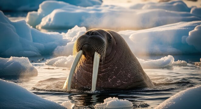 Majestic Walrus with Long Tusks Emerging from Icy Arctic Waters at Sunset.
