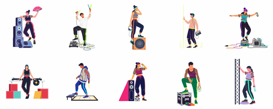 Set of Electronic Dance Music Characters, DJs, and Ravers with Professional Audio Equipment and Streetwear Fashion in Flat Vector Illustration Style.