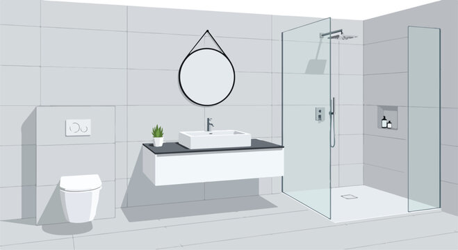 Modern bathroom interior with tiled walls and shower
