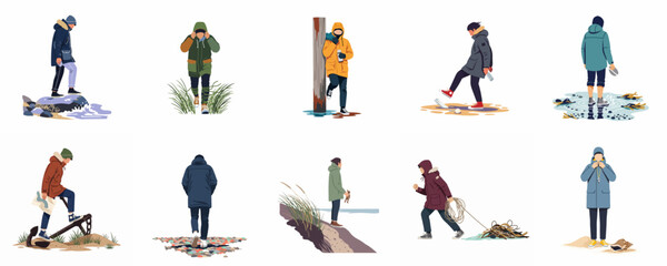 Fototapeta premium A collection of ten flat vector illustrations featuring individuals in winter clothing exploring coastal landscapes, dunes, and rocky shores.