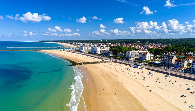 Aerial view captures a sunny beach town with a long sandy shore meeting clear turquoise water under a blue sky. Buildings line the coast