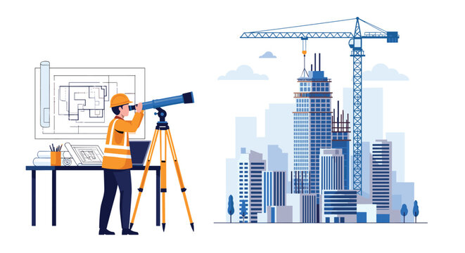 Professional surveyor in a hard hat using a total station on a construction site with a rising city skyscraper and crane.