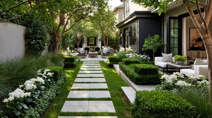 Obraz premium Elegant Garden Pathway with Lush Greenery and Cozy Seating for Relaxation