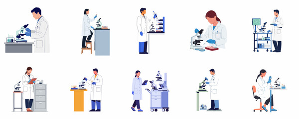 Fototapeta premium Vector Illustration Set of Laboratory Scientists Conducting Experiments and Research with Microscopes, Pipettes, and Test Tubes in a Science Lab