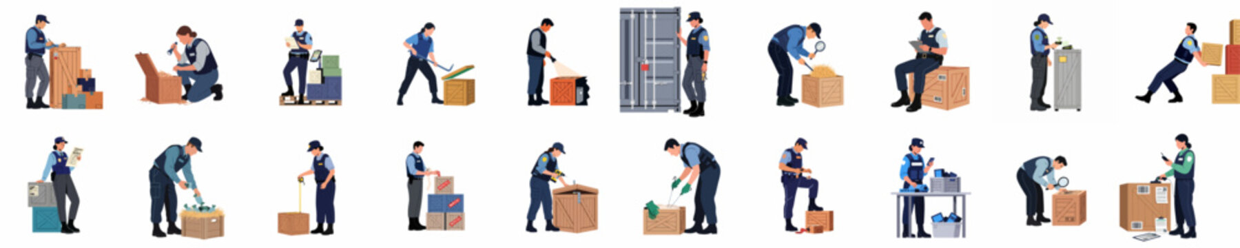 Vector illustration set of customs officers and border control agents inspecting cargo, boxes, and containers in a logistics warehouse or shipping port.