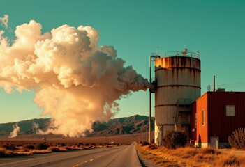 Fototapeta premium Industrial facility emitting smoke in rural landscape.