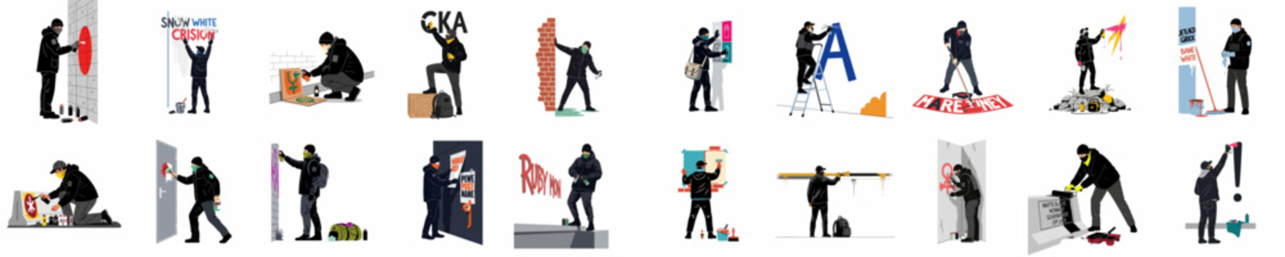 Set of illustrations depicting street artists and graffiti writers in masks and dark clothing, creating urban art with spray cans, rollers, and paint.