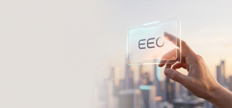 Hand interacting with transparent screen displaying the letters eeo cityscape background