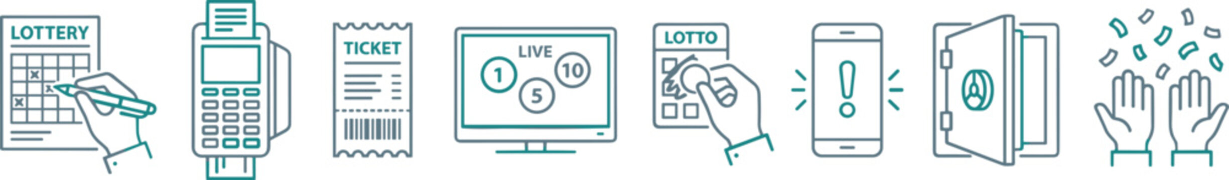 Lottery and Lotto Gambling Icon Set Showing Ticket Purchase Live Draw Scratch Card Winning Alert Bank Vault and Celebration Confetti Vector