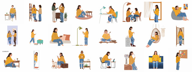 Fototapeta premium Flat Illustration Collection of a Young Woman Engaged in Various Daily Activities, Work, and Leisure at Home
