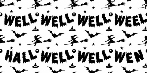 Obraz premium Halloween Pattern With Witches Bats And Stars Black And White