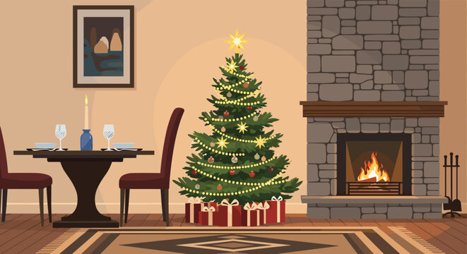 Cozy Christmas interior featuring a decorated tree with gifts, a lit stone fireplace, and a dining table set for a romantic holiday dinner.