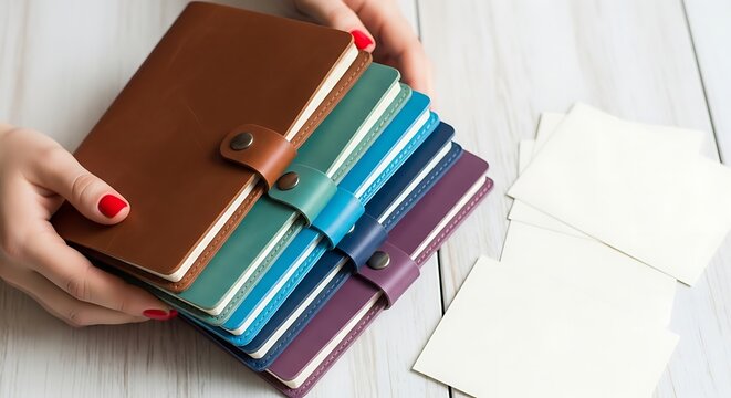 Hands holding colorful leather notebooks on wooden table