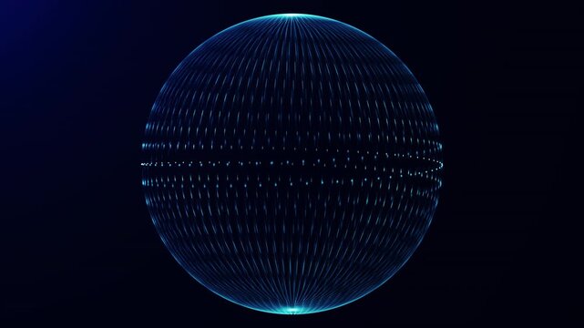 Dark blue wireframe sphere with glowing vertical lines and dotted structure, abstract digital globe for data visualization, network concepts, science, and technology backgrounds.