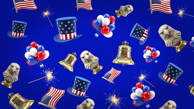 Anniversary america celebrates Independence Day with 3D eagles, flags, hats, balloons, and sparklers.