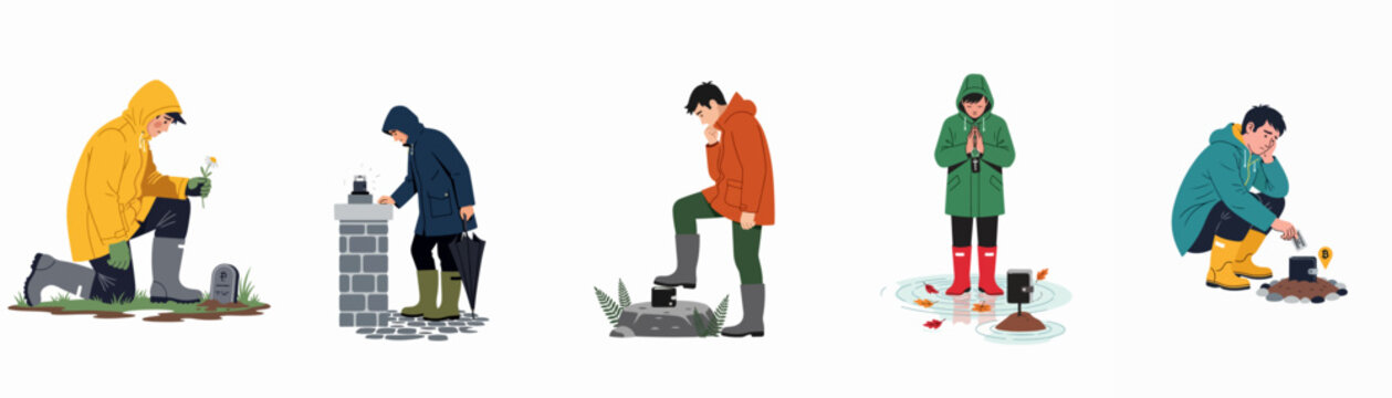 Illustrations of people mourning the loss of cryptocurrency and hardware wallets, depicting the sadness and regret of losing access to digital assets.