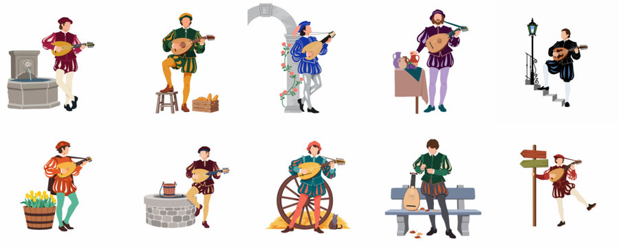 Set of 10 Renaissance Male Musicians Playing Lute in Various Historical Settings, Flat Vector Illustration