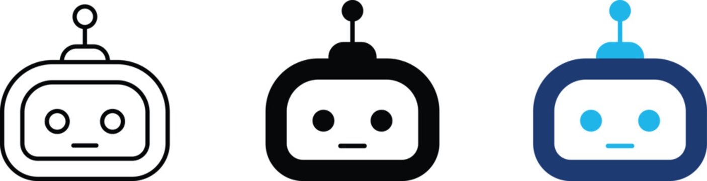 Robot icon set showing professional cyborg chatbot head with antenna and circular eyes for artificial intelligence automated customer support virtual assistance and tech service
