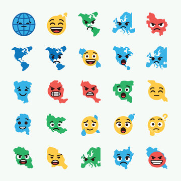 A collection of 20 colorful emojis and world maps