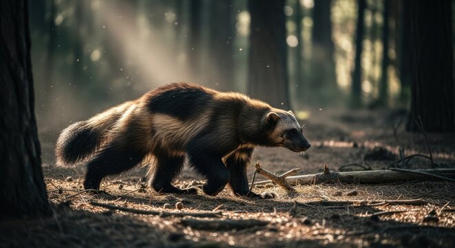 Wolverine walking through a sunlit forest with dappled light.