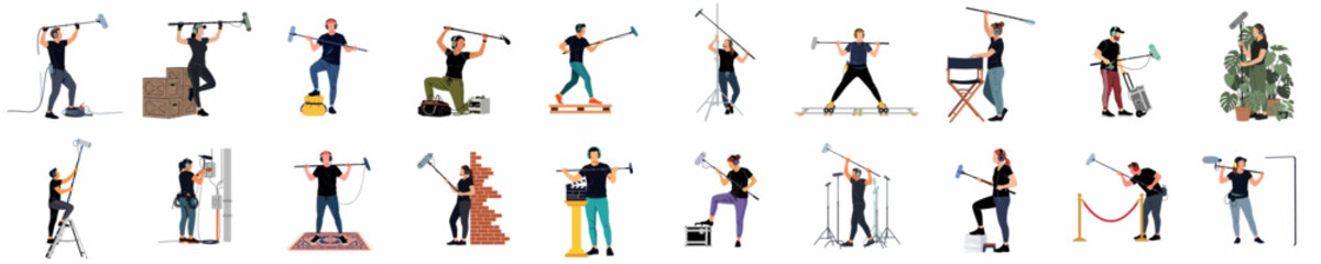 Set of flat vector illustrations depicting professional boom operators and sound technicians working in various scenarios on a film production set. © Asep