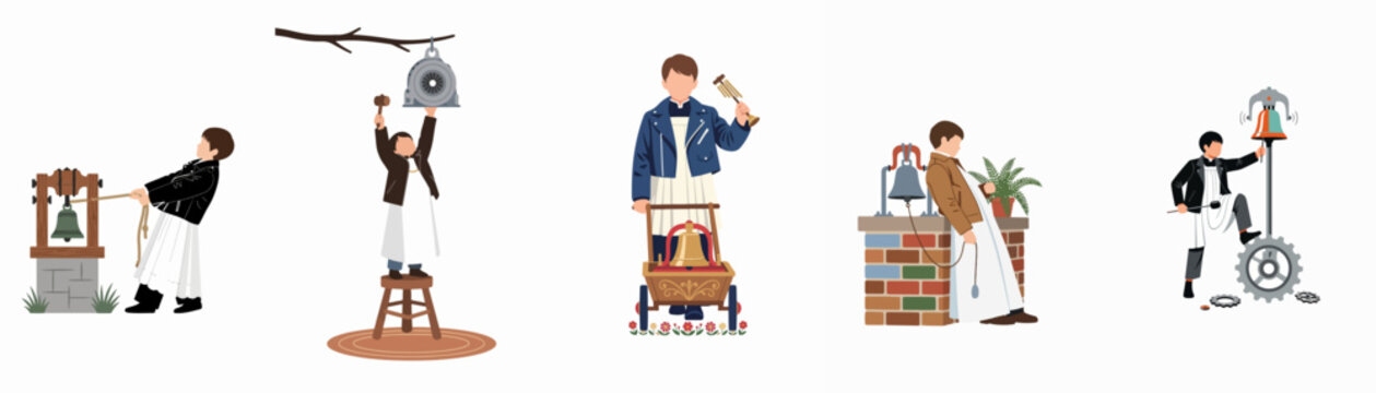 Collection of minimalist flat vector illustrations featuring boys in traditional robes and leather jackets ringing various types of bells.