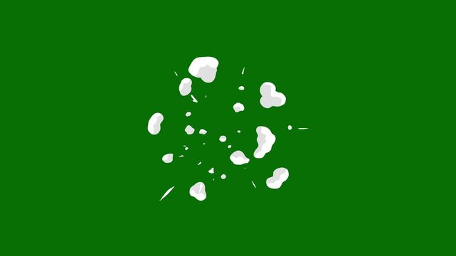 Flash FX burst animation, 2D smoke splash, cartoon hand drawn explosion sparks, cartoon explosion glowing effects, comic smoke blast on green screen background. 4k video