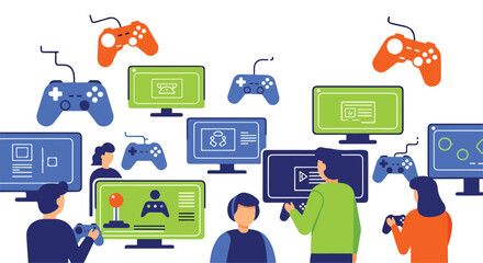 A colorful illustration depicts people gaming together © Rokica