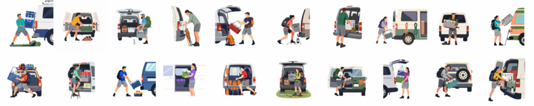 Collection of flat vector illustrations showing travelers and campers loading gear, coolers, and backpacks into their vehicles for an outdoor adventure.