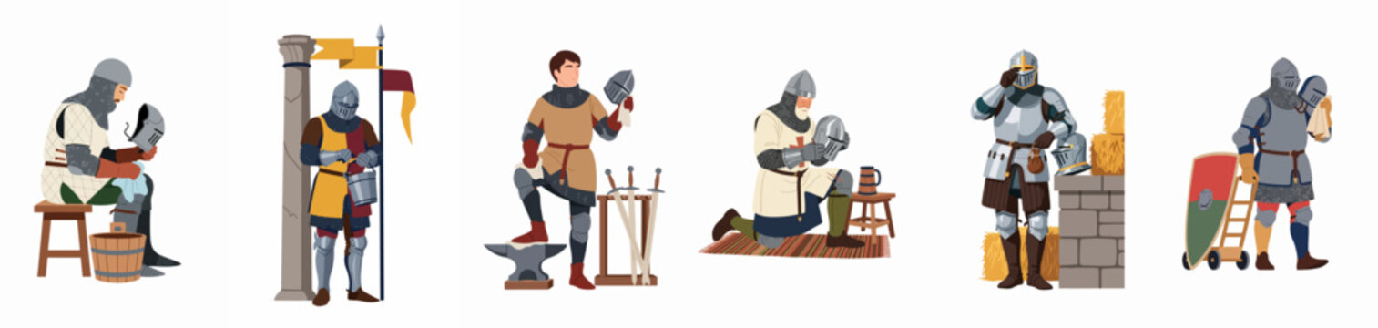 Collection of Flat Vector Illustrations Featuring Medieval Knights and Squires in Armor Preparing for Battle, Cleaning Gear, and Resting.